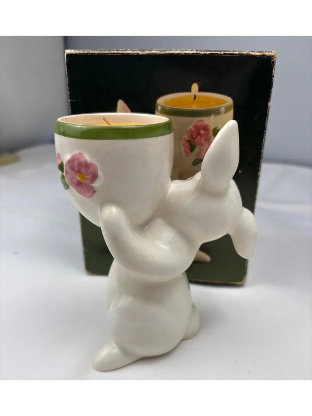 Avon Sunny Bunny Ceramic Candle Holder Floral Medley Candlelette Box 1981